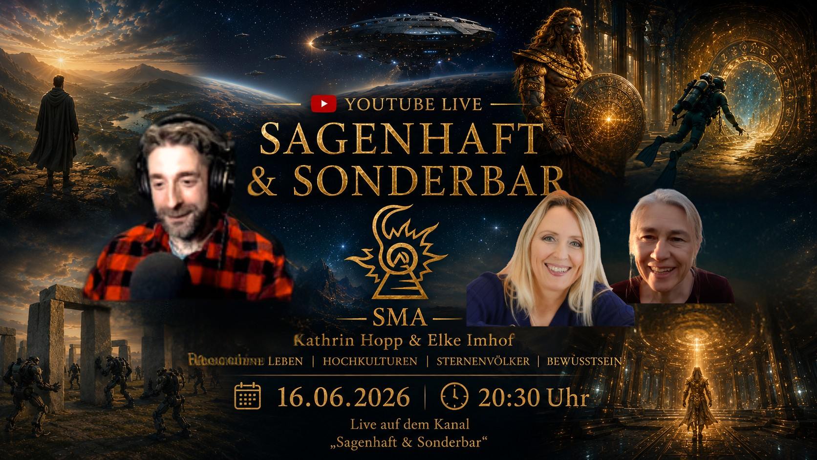 Einladung zum SMA-Gruppentreffen am 08.06.26 um 19:30 Uhr. Das Banner zeigt ein mystisches Design mit einem nächtlichen Sternenhimmel, der Himmelsscheibe von Nebra im Zentrum und Bildern von historischen Stätten sowie einer Flusslandschaft. Der Text kündigt einen Vortrag von Forschungsmitglied Michaela über ihre Seelenreise und die Verbindung zur Himmelsscheibe an, unter dem Motto „Seelenreise – Himmelsscheibe – Verbundenheit“. Unten ist das goldene SMA-Logo zu sehen.
