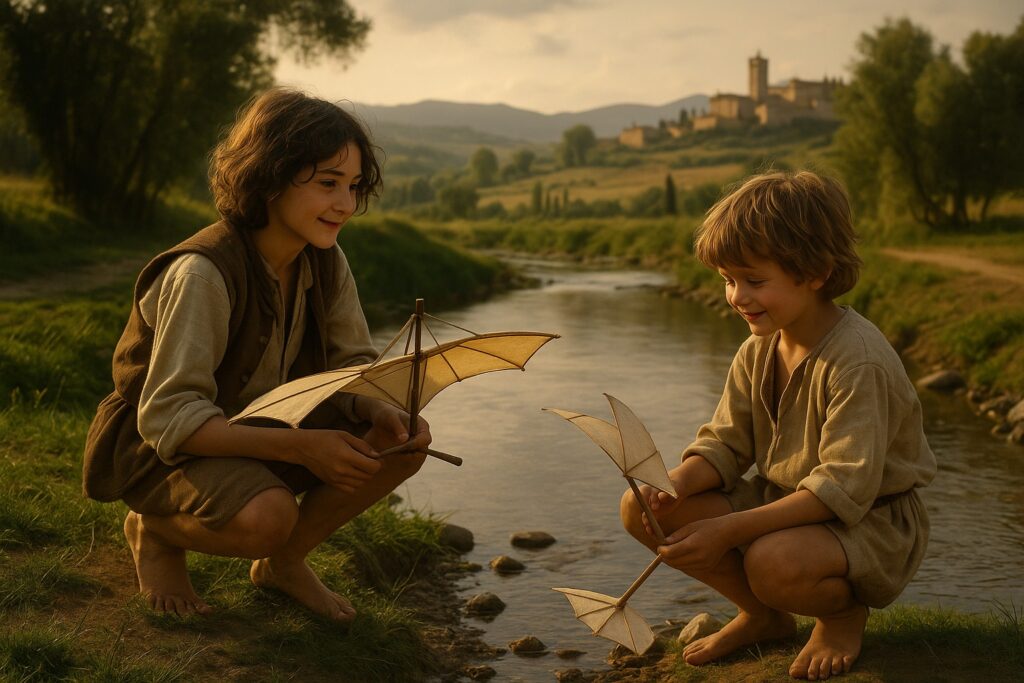 Leoardo mit Freund am Fluss mit Papierflieger