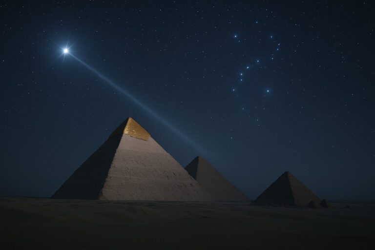 Pyramide bei Nacht mit leuchtendem Mond und Sterne