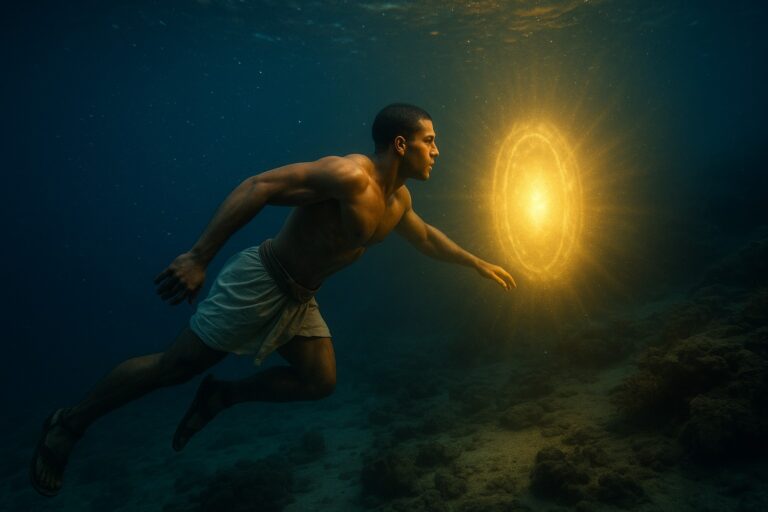 Mann schwimmt im Wasser auf einen Lichtring zu