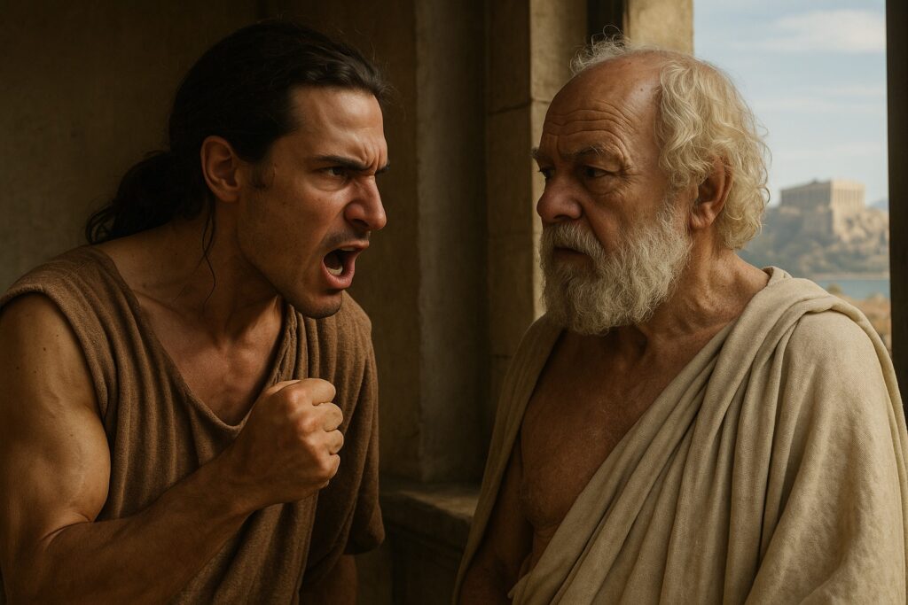 Sokrates mit einem Mann am Fenster