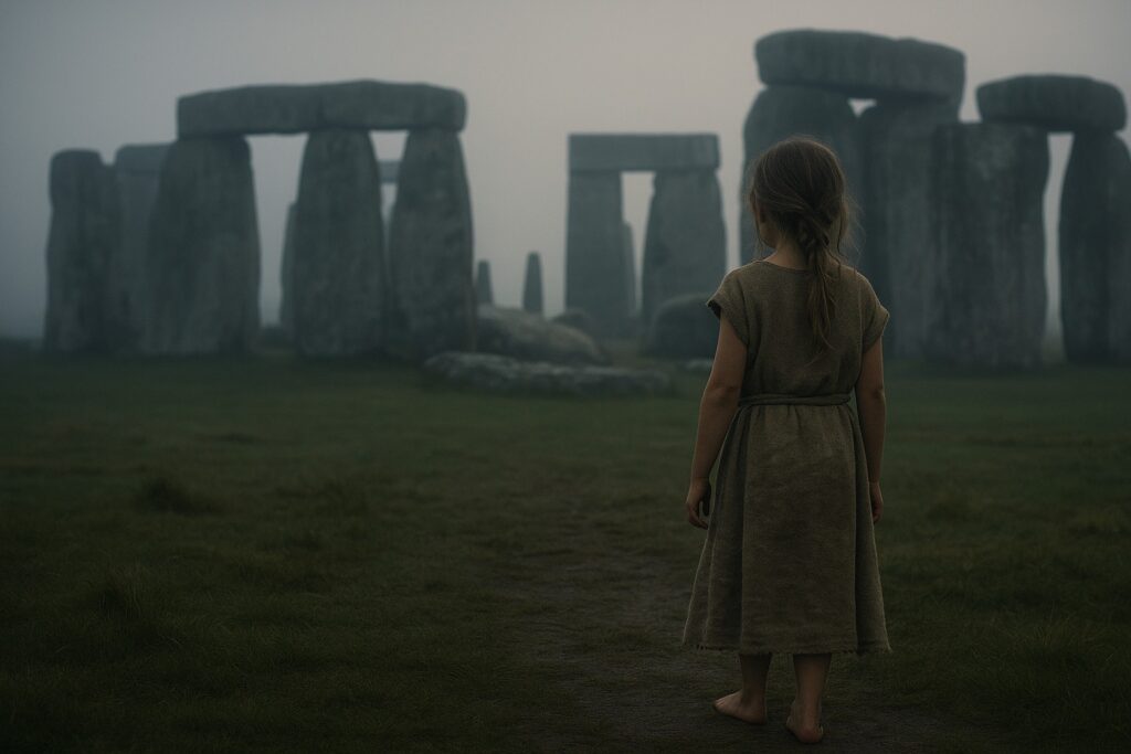 Mädchen steht vor Stonehenge