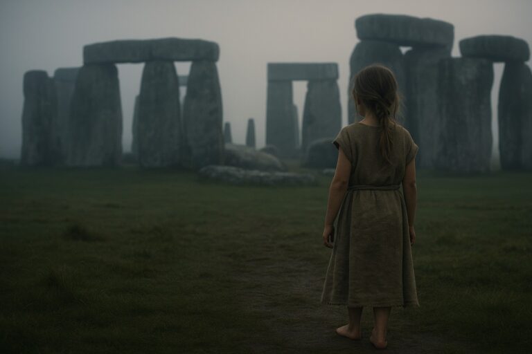Mädchen steht vor Stonehenge